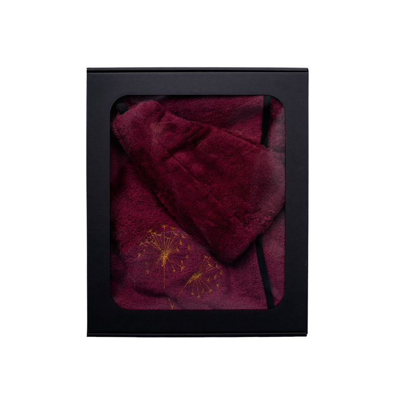 Geschenkset in einer Geschenkbox für SIE. Saunahaube und -schürze für Damen – BURGUNDER