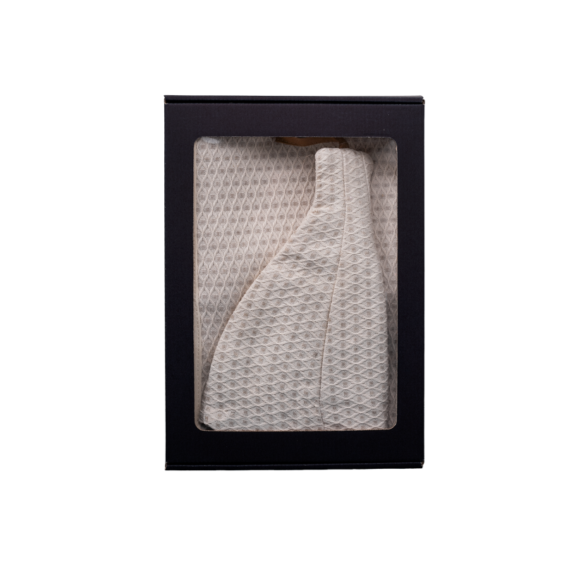 Geschenkset in einer Geschenkbox für SIE. Saunahaube und -schürze für Damen – Leinen