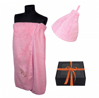 Geschenkset in einer Geschenkbox für SIE. Saunahaube und -schürze für Damen – PINK