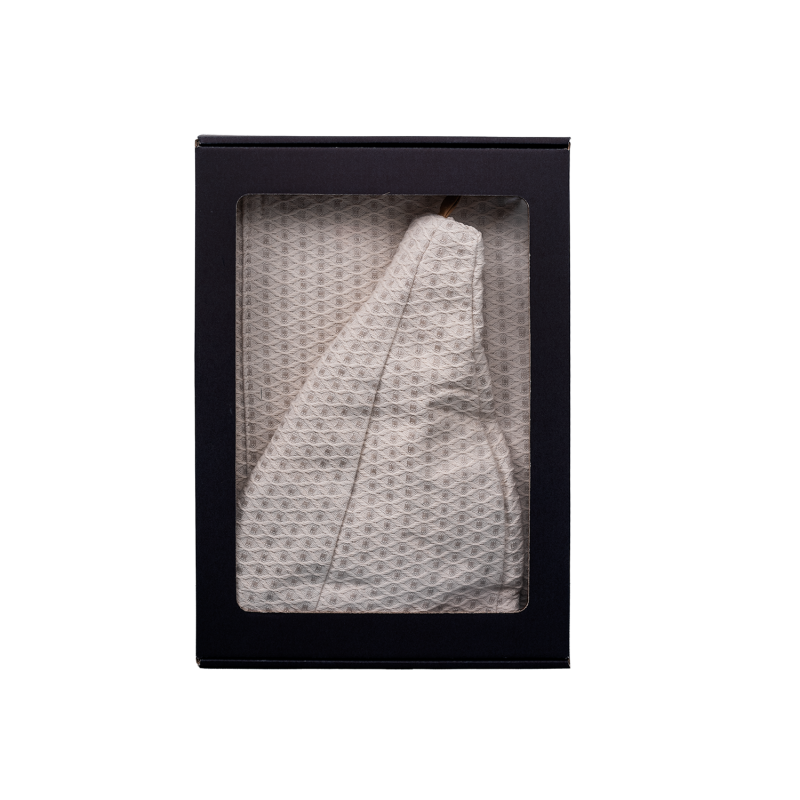 Geschenkset in einer Geschenkbox für IHN. Saunahaube und -schürze für Herren – Leinen