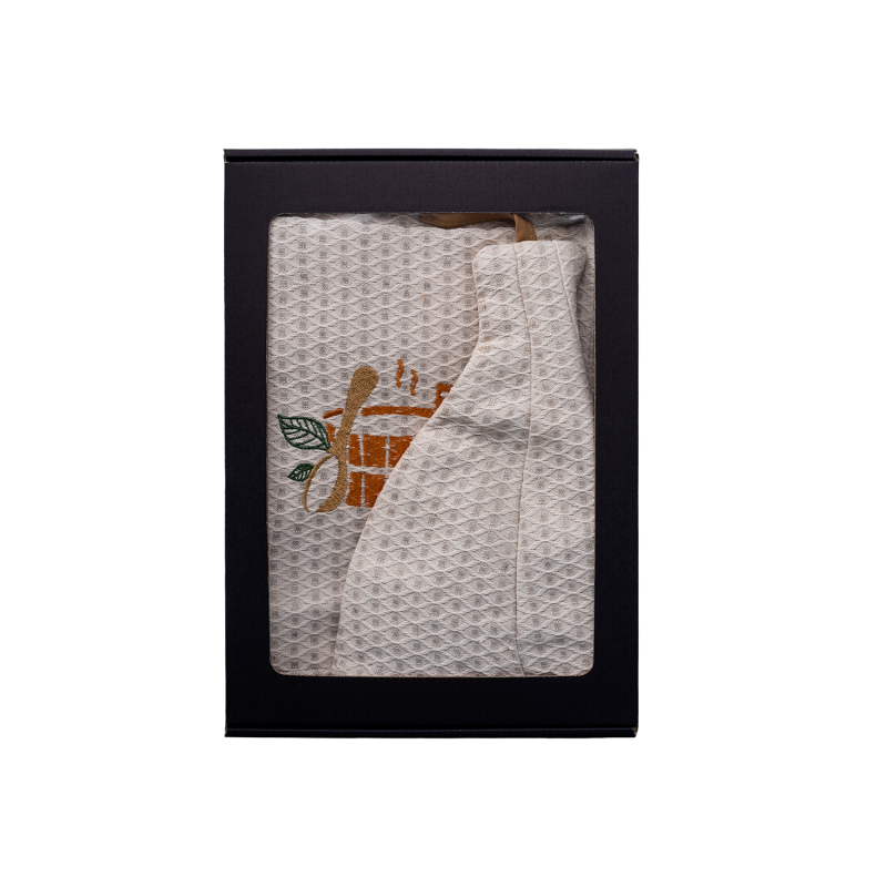 Geschenkset in einer Geschenkbox für IHN. Saunahaube und -schürze für Herren – Leinen, bestickt