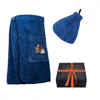 Geschenkset in einer Geschenkbox für IHN. Saunahaube und -schürze für Herren – BLAU
