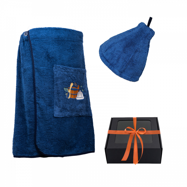 Geschenkset in einer Geschenkbox für IHN. Saunahaube und -schürze für Herren – BLAU