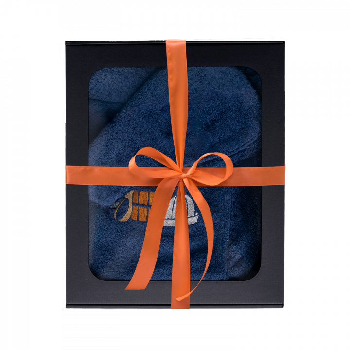 Geschenkset in einer Geschenkbox für IHN. Saunahaube und -schürze für Herren – BLAU
