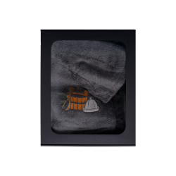 Geschenkset in einer Geschenkbox für IHN. Saunahaube und -schürze für Herren – GRAU 