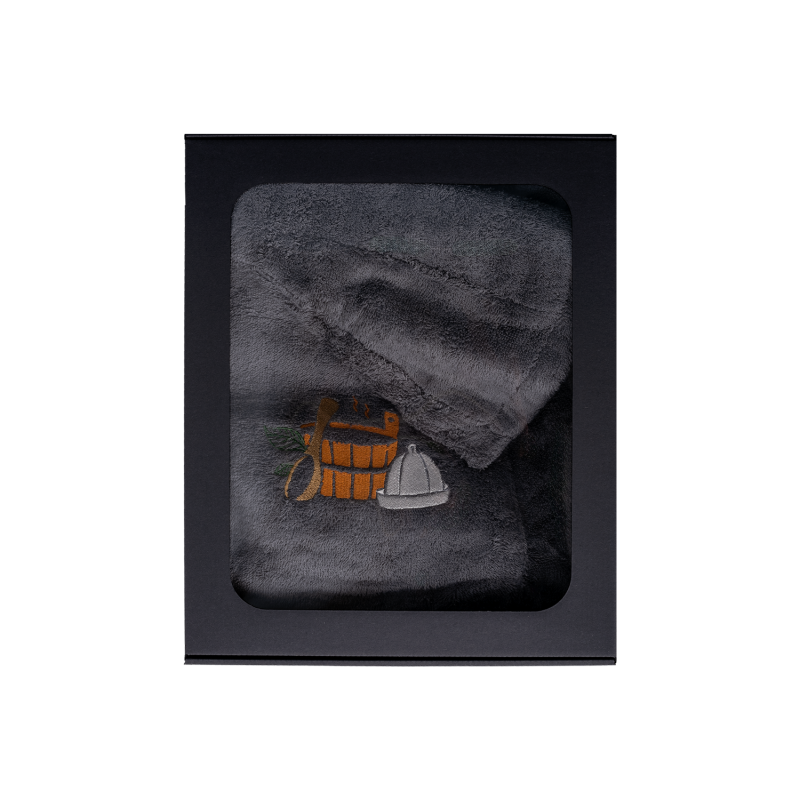Geschenkset in einer Geschenkbox für IHN. Saunahaube und -schürze für Herren – GRAU