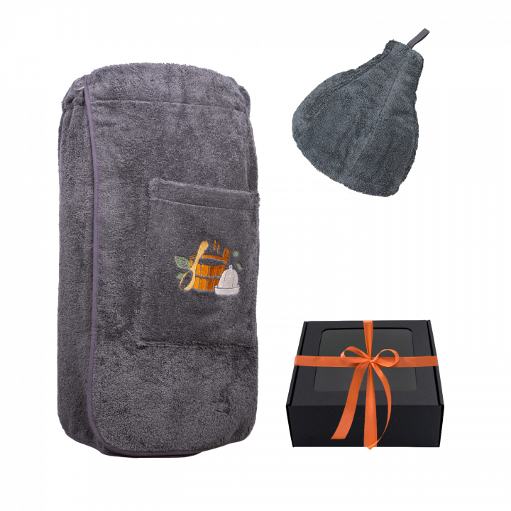 Geschenkset in einer Geschenkbox für IHN. Saunahaube und -schürze für Herren – GRAU