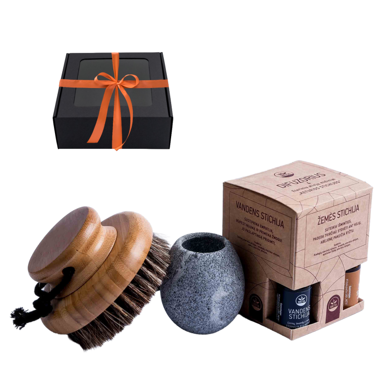 Geschenkset in einer Geschenkbox DUFTENDE WÄRME. Eine Bürste, ein Becher für Düfte und ätherische Öle