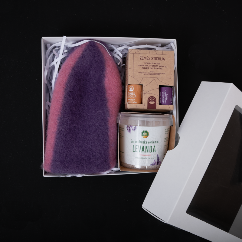 Geschenkset in Geschenkbox LAVENDEL. Kapsel, ätherische Öle, Meersalz