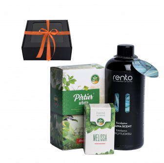 Geschenkset in einer Geschenkbox: Düfte der Sauna. Tee, ätherisches Öl und Duftessenz.