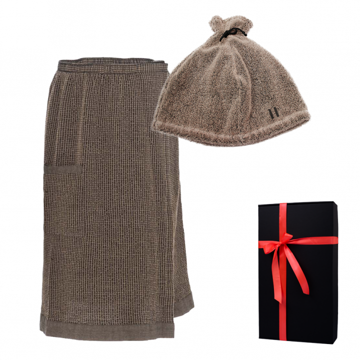 Geschenkset in einer Geschenkbox RENTO KENNO FOR HIM. Saunahaube und -schürze, braun