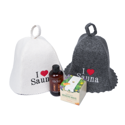 Geschenkset I LOVE SAUNA im Geschenkkarton. Saunahüte, Massageöl und Honig 