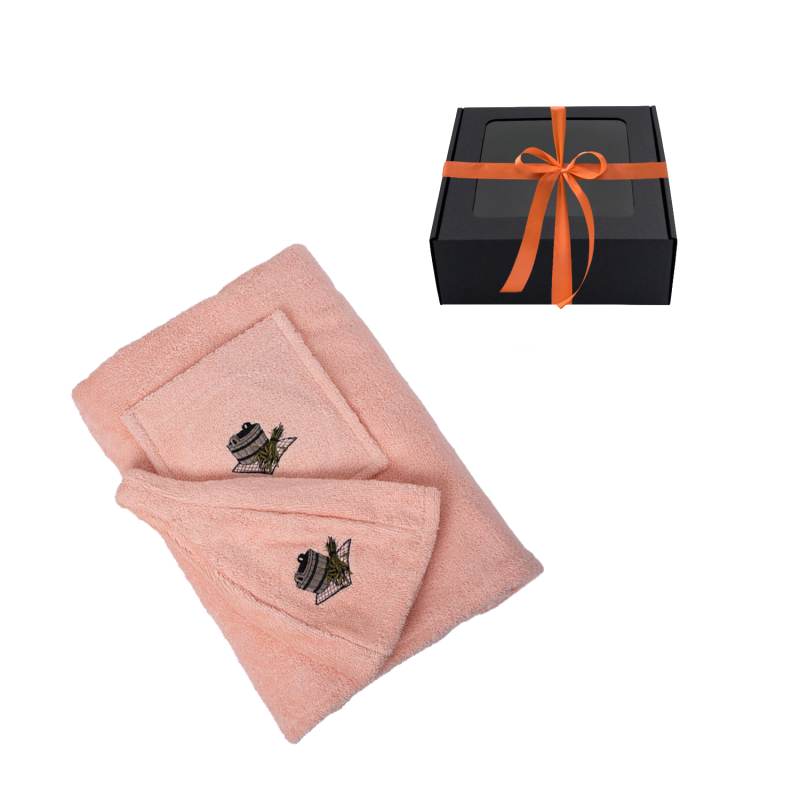 Geschenkset für Sie - PEACH, in einer Geschenkbox. Schürze und Mütze für die Sauna