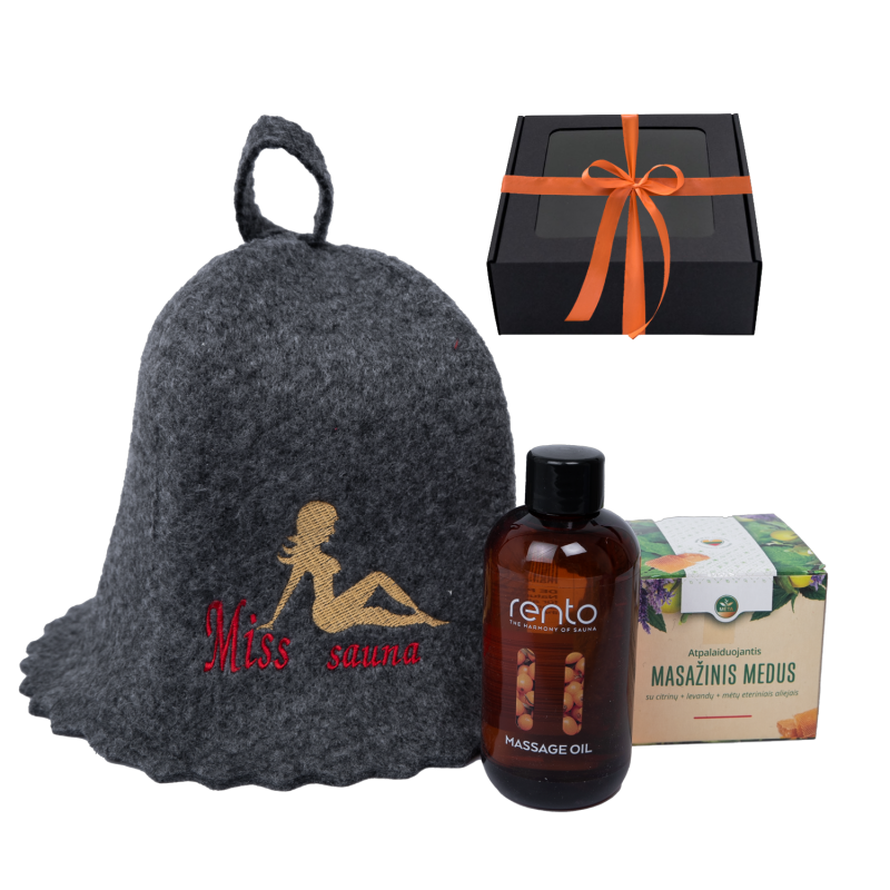 Geschenkset MISS SAUNA im Geschenkkarton. Saunahut, Massageöl und Honig