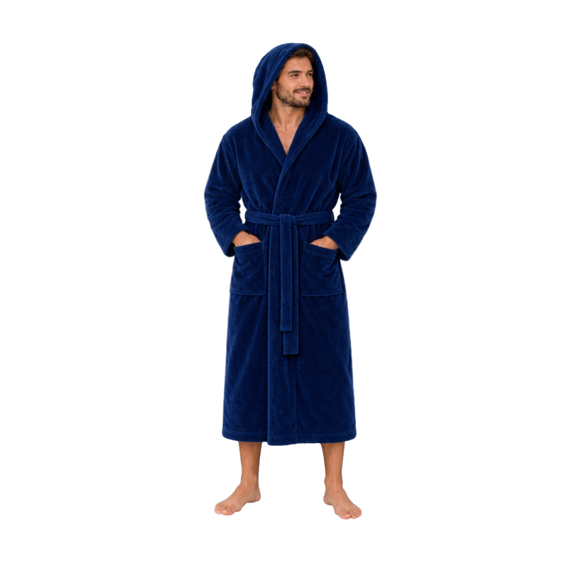 Bademantel mit Kapuze aus Baumwollvelours, blau
