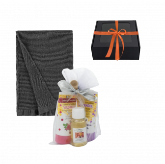 Damen-Geschenkset in einer Geschenkbox. Saunahonig, Saunaöl und Handtuch