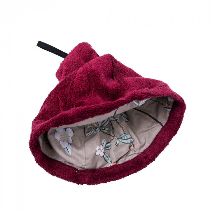 Geschenkset in einer Geschenkbox für SIE. Saunahaube und -schürze für Damen – BURGUNDER