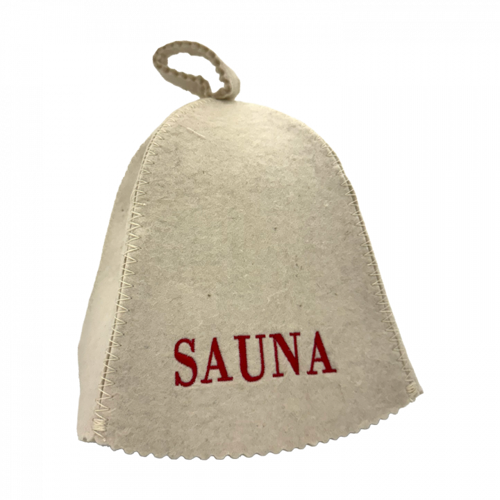 Saunahut – Sauna, mit roter Schrift