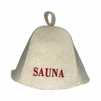 Saunahut – Sauna, mit roter Schrift
