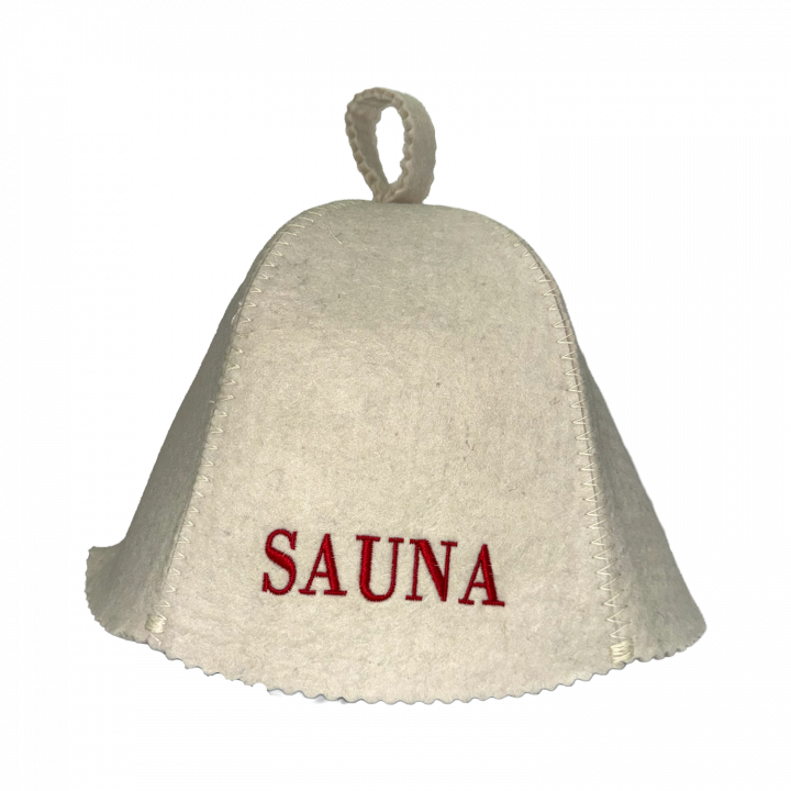 Saunahut – Sauna, mit roter Schrift