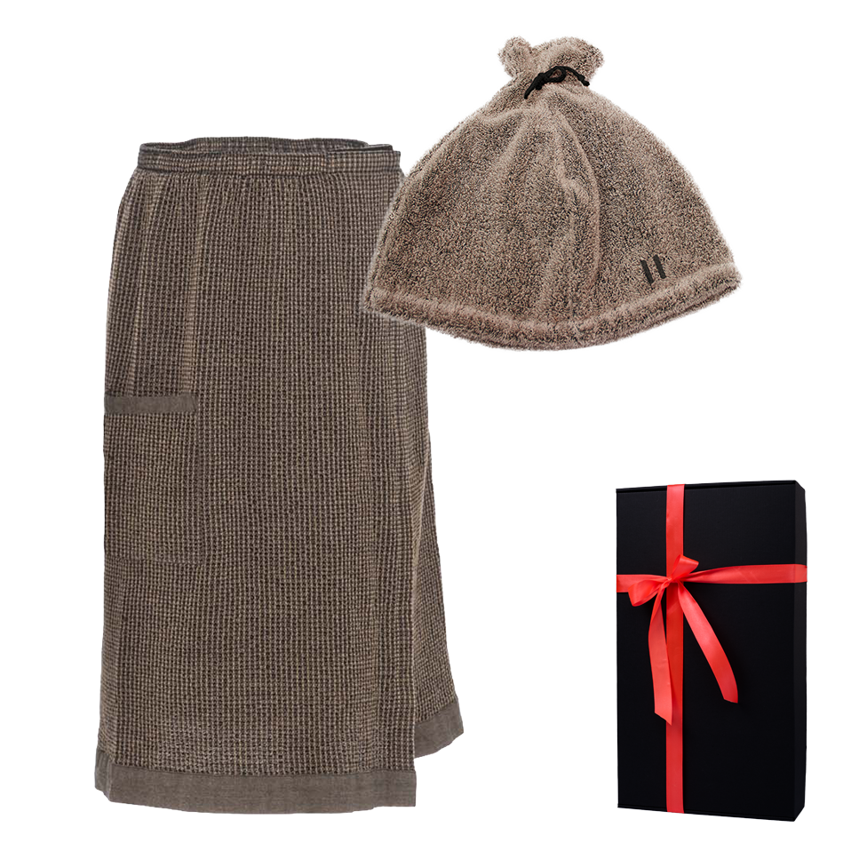 Saunaschürze und -haube in einer Geschenkbox