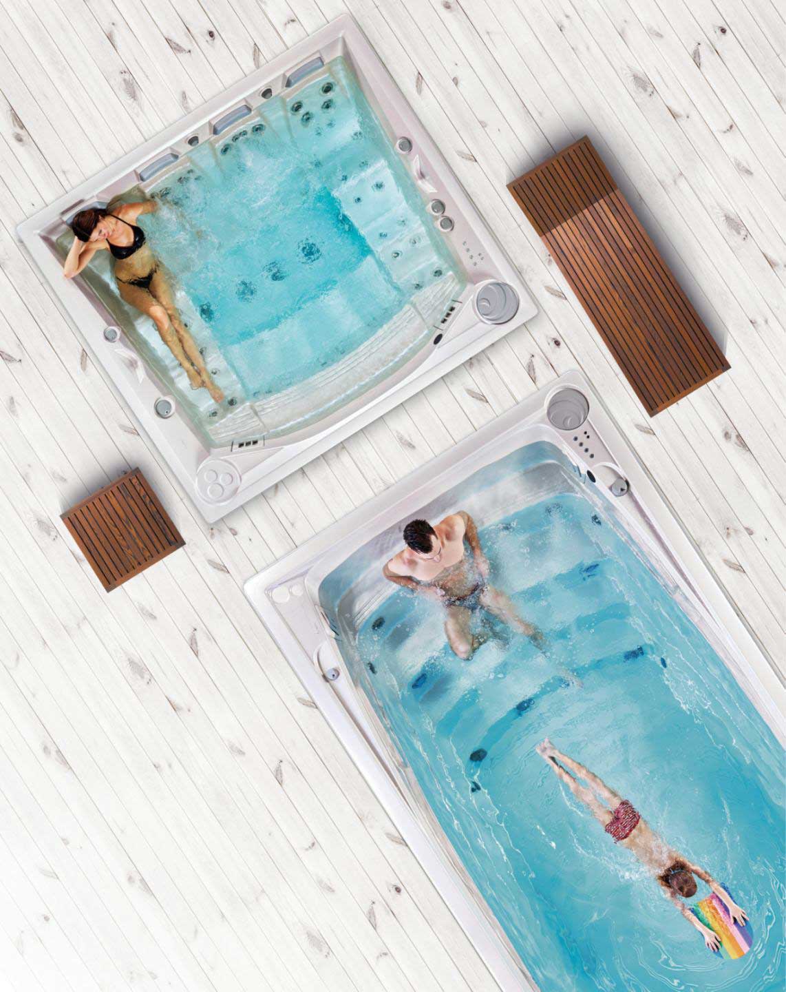 Draufsicht auf die USSPA-Spa- und Swim-Spa-Pools mit entspannenden und schwimmenden Menschen.