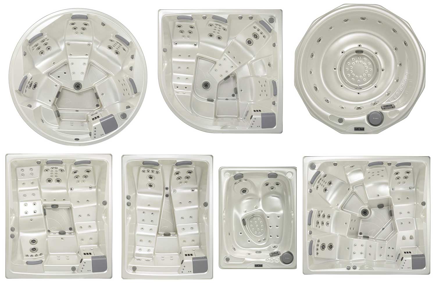 USSPA-Whirlpoolmodelle in verschiedenen Formen und Größen, mit ergonomischen Sitzen und Hydromassagedüsen.