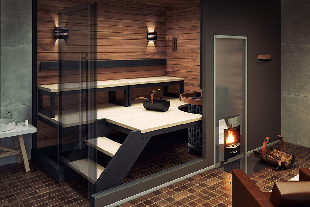 Moderne Sauna mit Holzofen